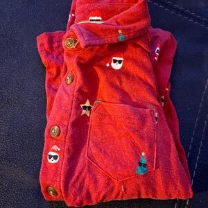 Little Sleepies Red Button Down Shirt with Santa and Tree Print